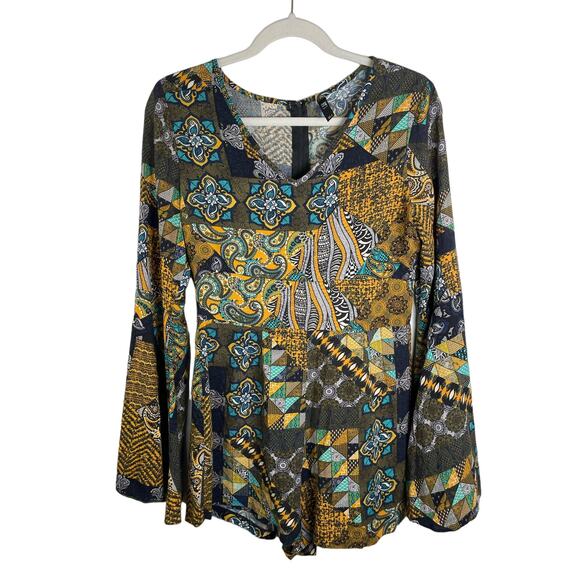 Multicolored Bell Sleeve Romper Womens Size Medium One Piece Hippie Style Shorts - Picture 1 of 12